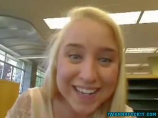 Captivating blonde teen masturbates pussy in library and squirts