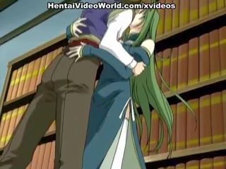 Green-haired hentai divinity whanged in un biblioteca