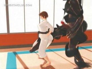 Hentai karate mestra a engasgar em um maciço pica-pau em 3d