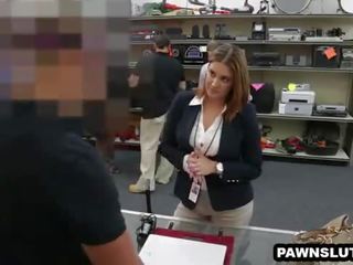Busty brunette tries to sell her laptop at the pawn shop