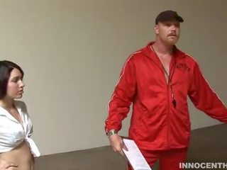 Short hair teen fucking her PE teacher in the lockerroom