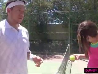 Two charming bffs pounding with tenis coach